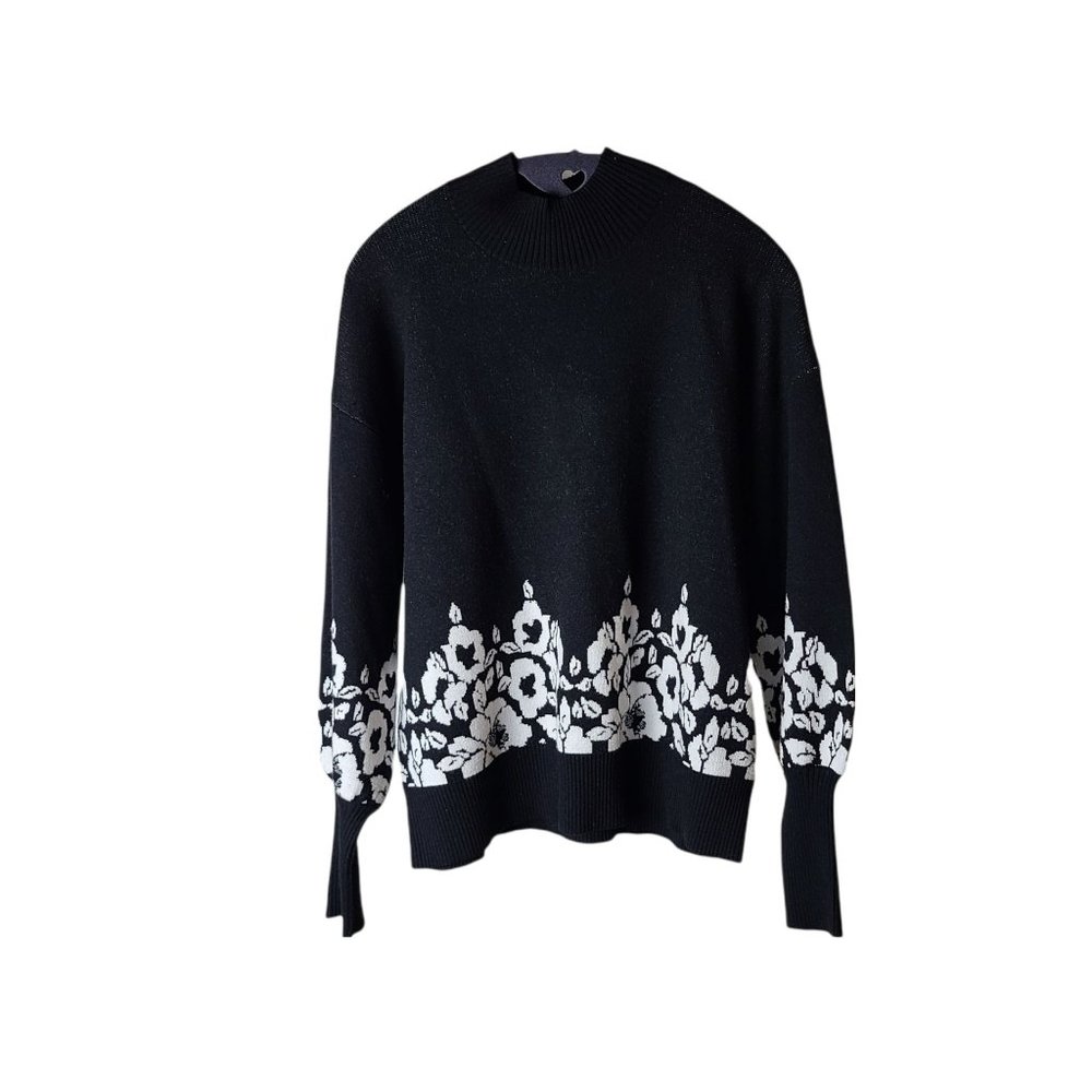 Nicole Miller Black and White Mockneck Viscose Blend Balloon Sleeve Sweater Size